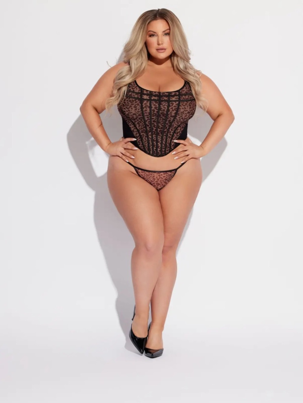 NWT Sheer Lace Corset Bustier + Matching Thong | Black Animal | Sizes L-XL